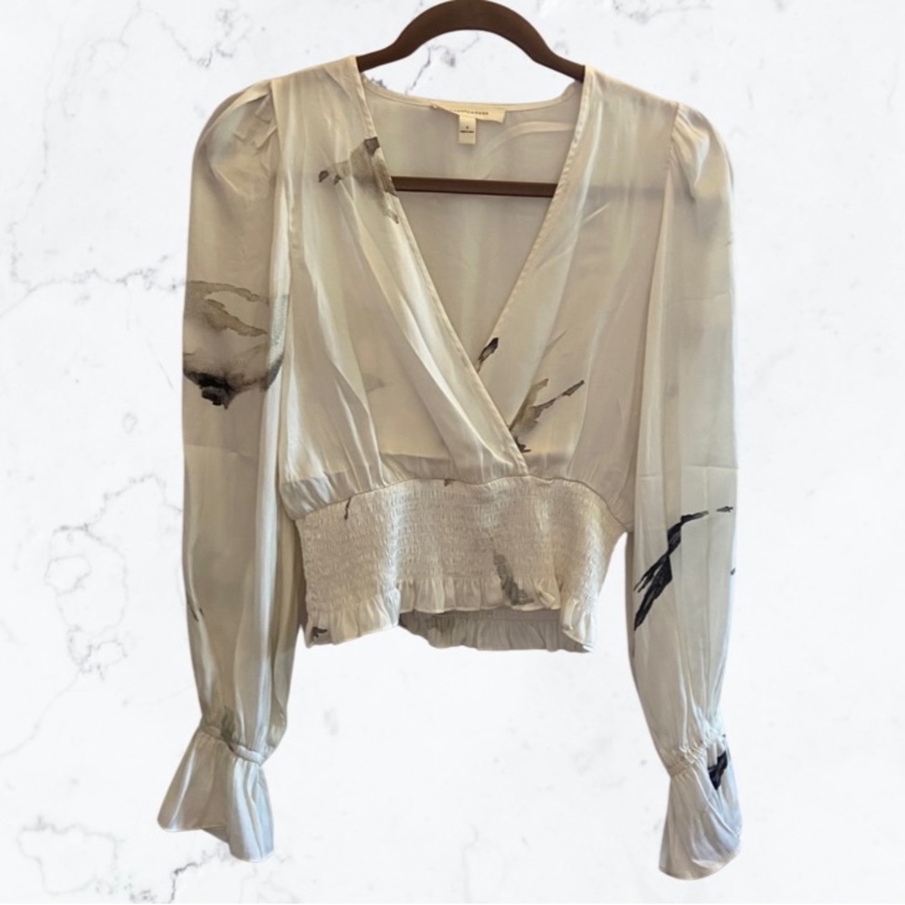 Grade & Gather Satin Surplice Long Sleeve Bone White Blouse - Size Small